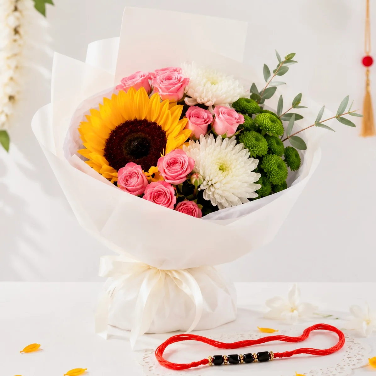 Evergreen Sibling Charm – Mixed Floral Rakhi Bouquet-2